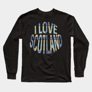 I LOVE SCOTLAND Blue, Grey and Yellow Tartan Colour Typography Design Long Sleeve T-Shirt